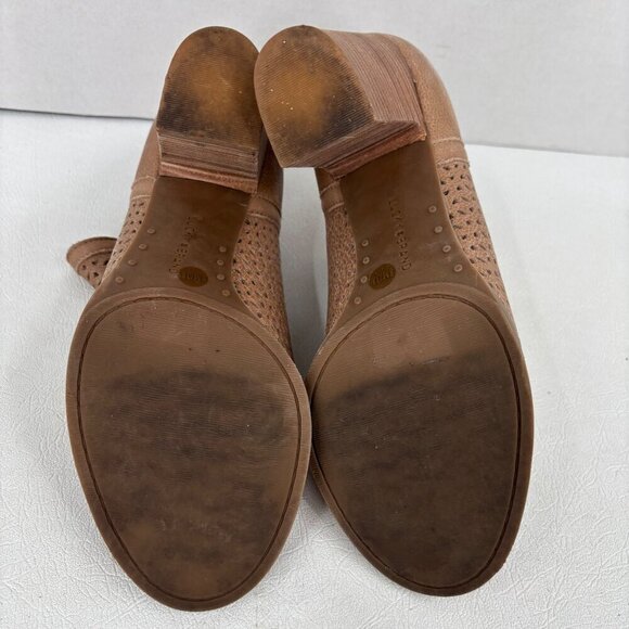 Lucky Brand Perforated Leather Bootie Size 8 Tan Suede Block Heel Peep Toe Boot - Picture 11 of 12